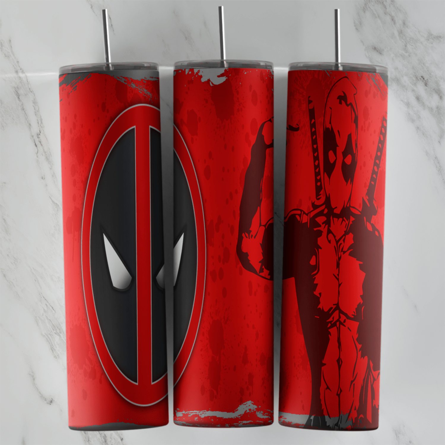 A full 20 oz skinny tumbler wrap in red: the black and red Deadpool mask logo on one side and a faded Deadpool figure. Sublimation design
