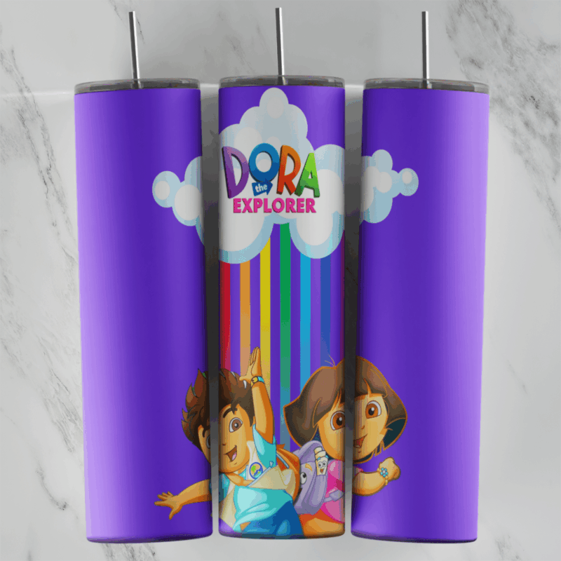 A purple 20 oz tumbler wrap with the Dora the Explorer logo on white clouds, a rainbow falling down and Dora with a friend. Sublimation design