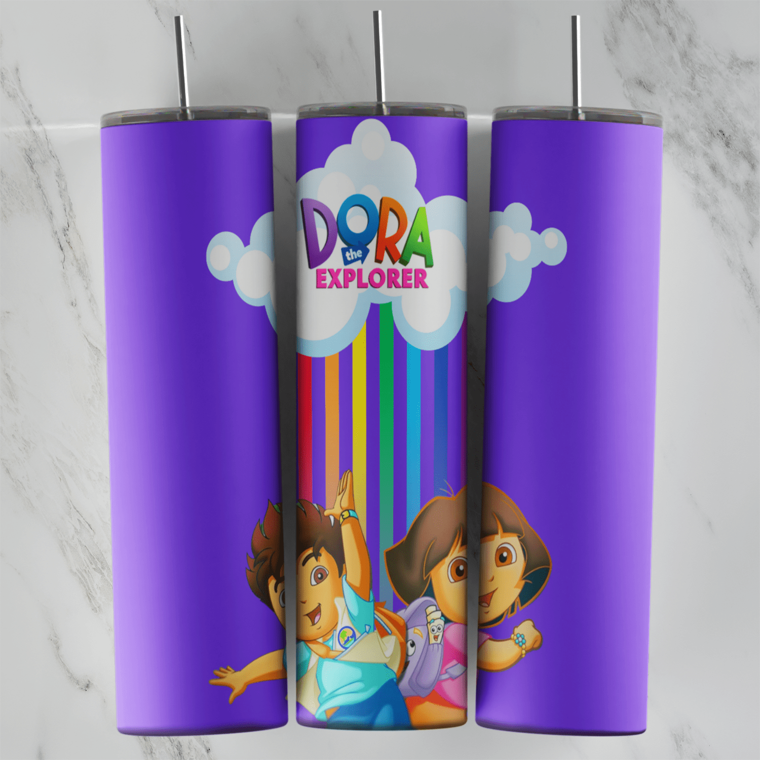 A purple 20 oz tumbler wrap with the Dora the Explorer logo on white clouds, a rainbow falling down and Dora with a friend. Sublimation design