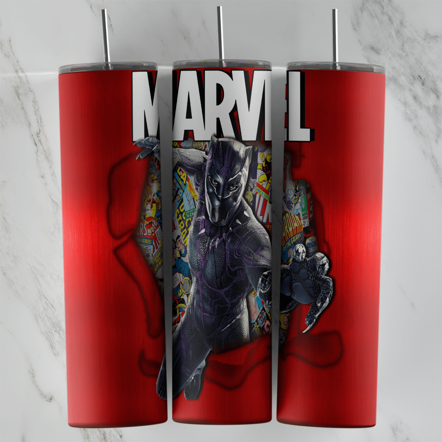 A 20 oz skinny tumbler wrap in glossy red with the big MARVEL logo on top and Black Panther breaking out of a torn hole filled. Sublimation design