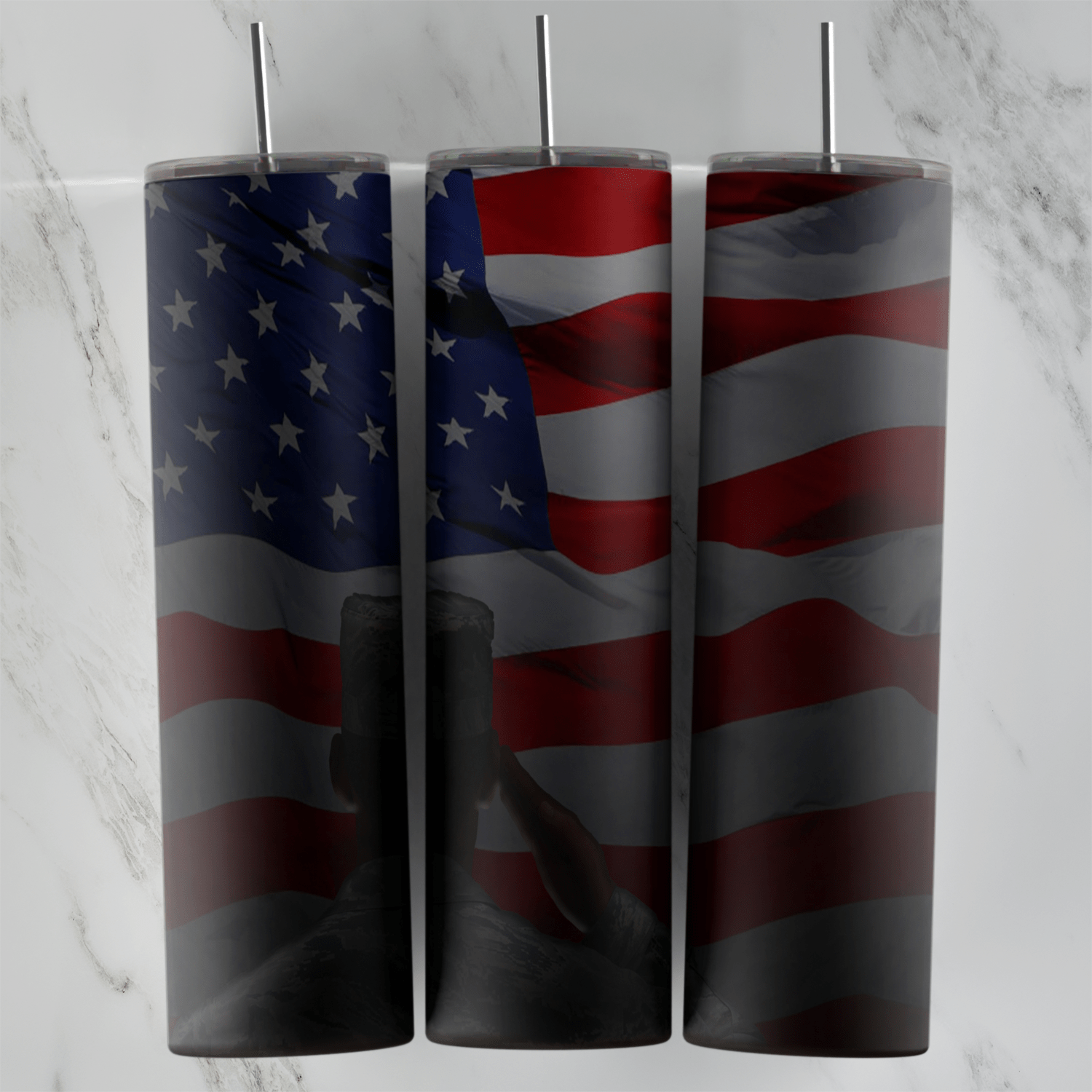 A full 20 oz skinny tumbler wrap with a dark, faded American flag of stars and stripes, with the shadowy outline of a saluting. Sublimation design