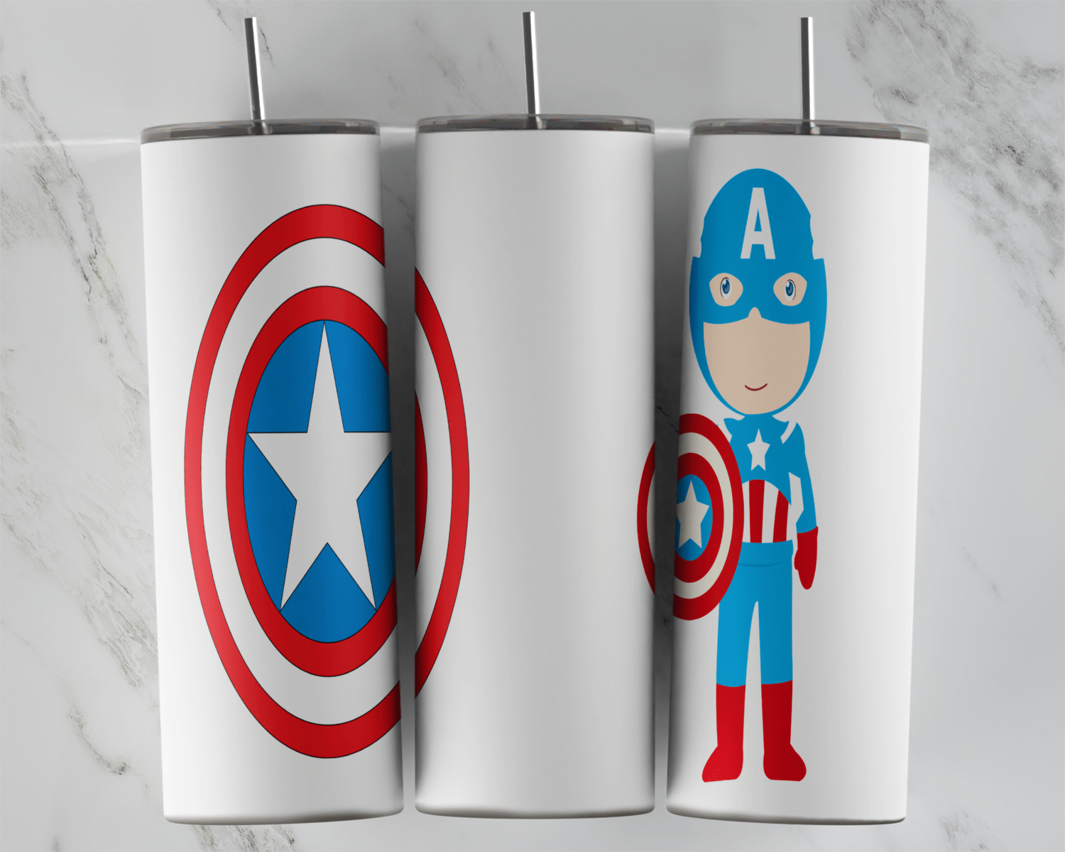 A 20 oz skinny tumbler wrap on white with a large shield and a small cartoon Captain America in his blue suit and red boots. Sublimation design