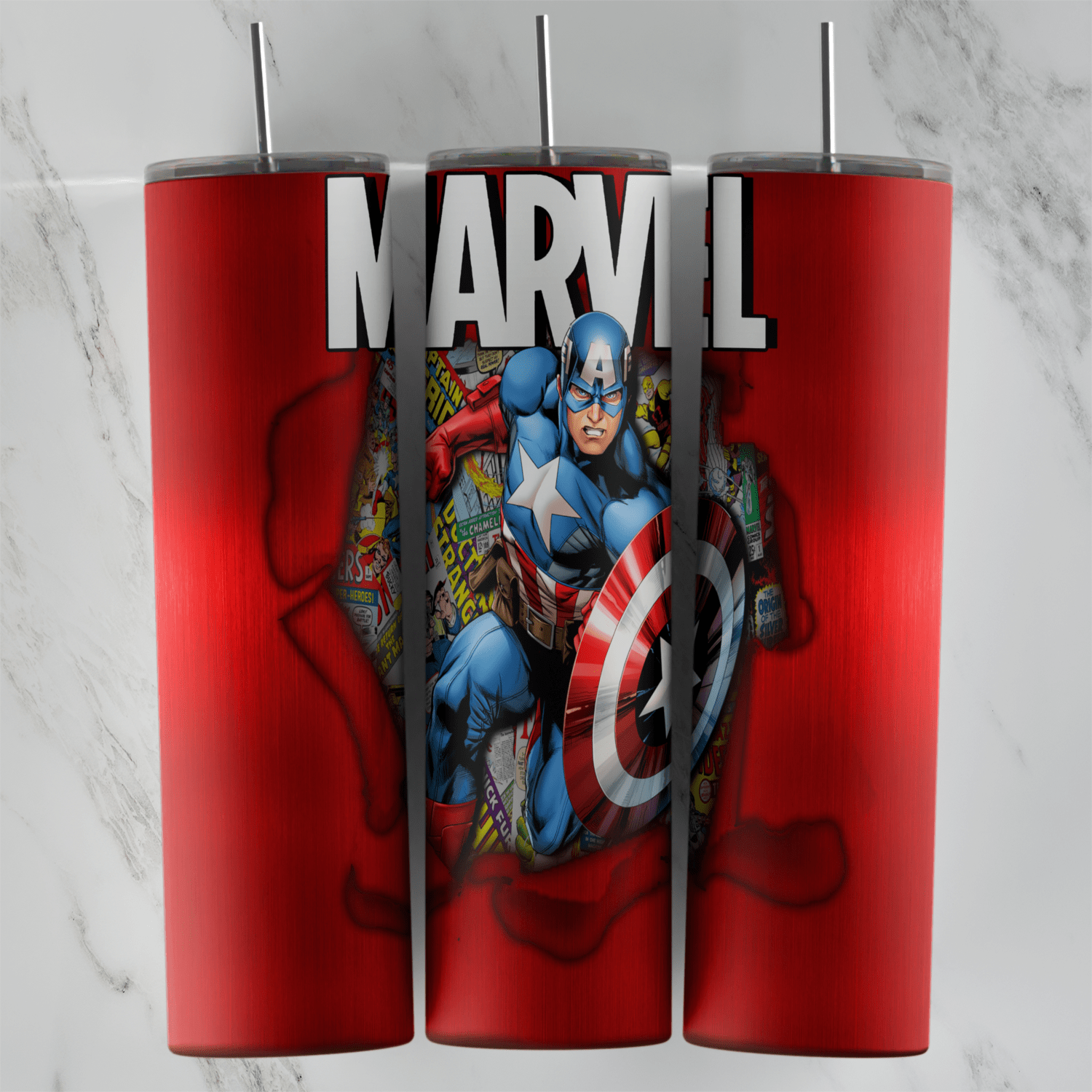 A 20 oz skinny tumbler wrap in glossy red with the big MARVEL logo on top and Captain America with his shield breaking out. Sublimation design