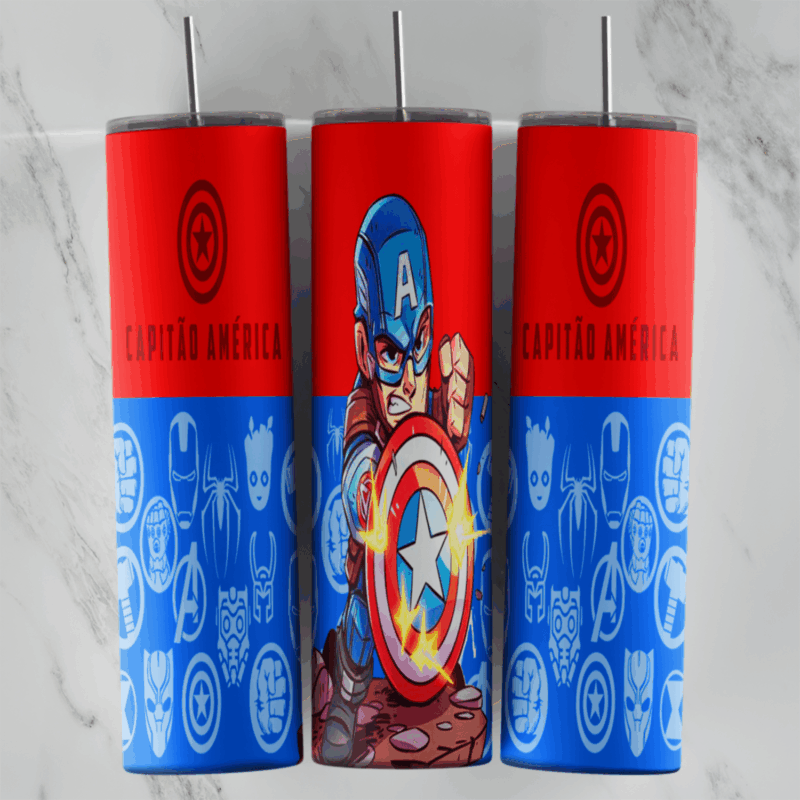 A 20 oz skinny tumbler wrap split red over blue: a chibi Captain America with a glowing shield, Capitao America lettering. Sublimation design