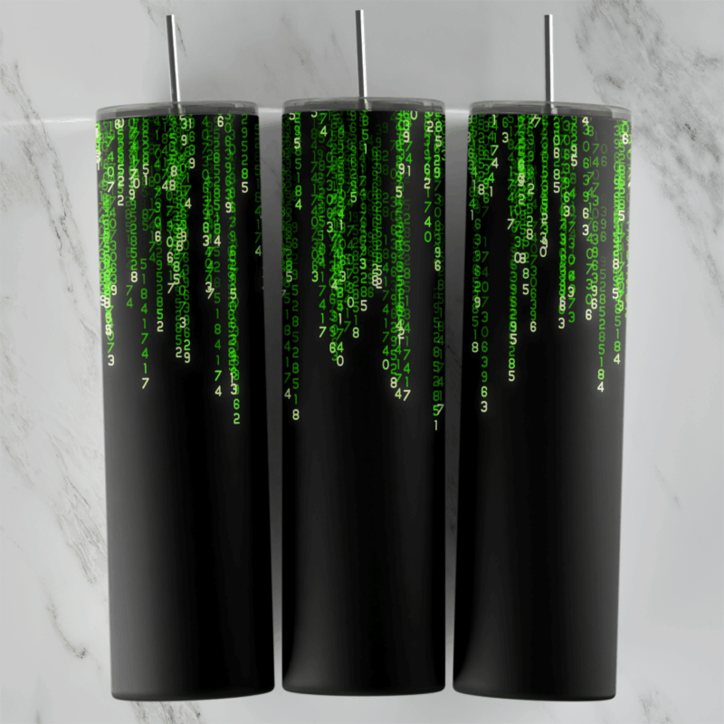A full 20 oz skinny tumbler wrap in solid black with streams of green Matrix code characters dripping down from the top edge. Sublimation design