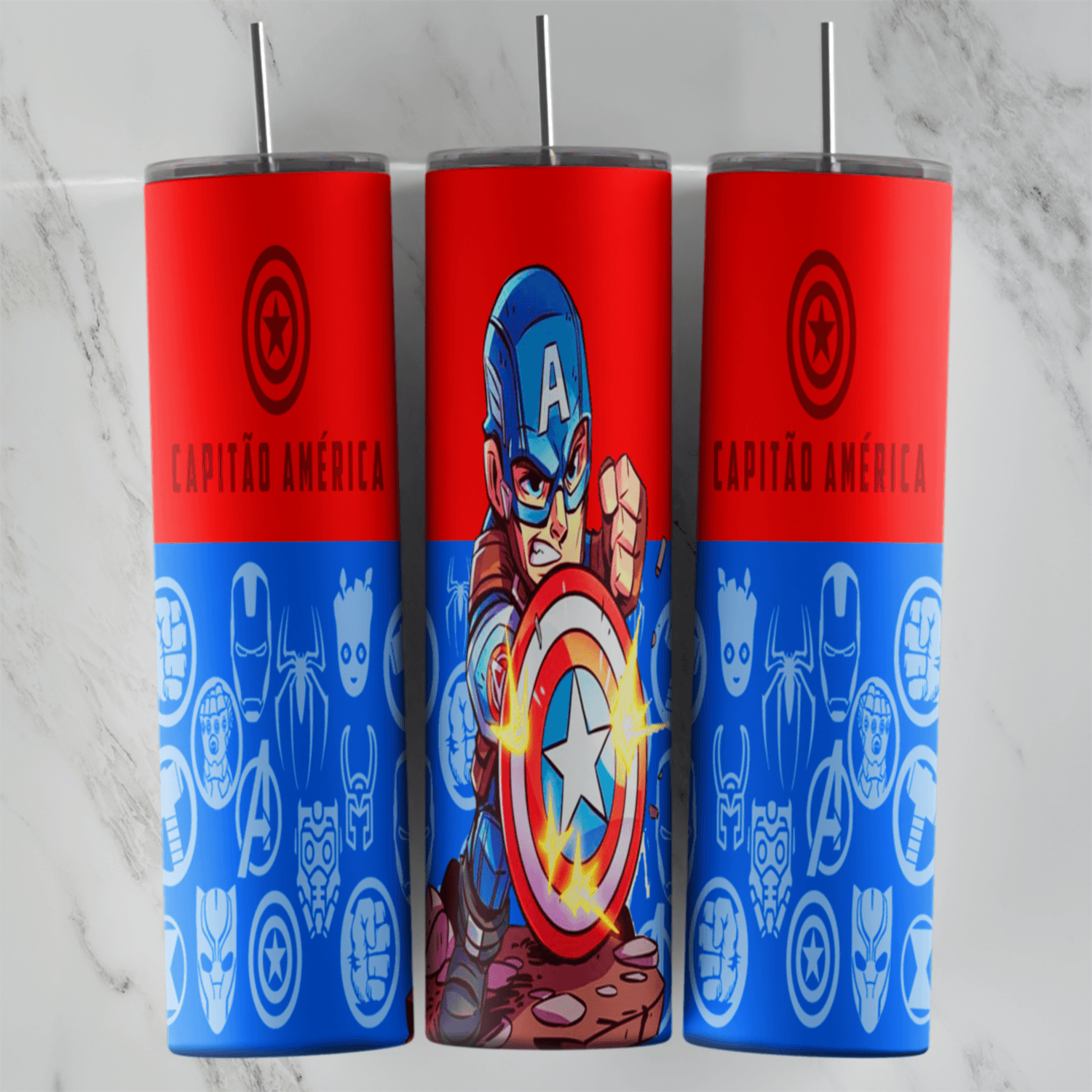 A 20 oz skinny tumbler wrap split red over blue: a chibi Captain America with a glowing shield, Capitao America lettering. Sublimation design