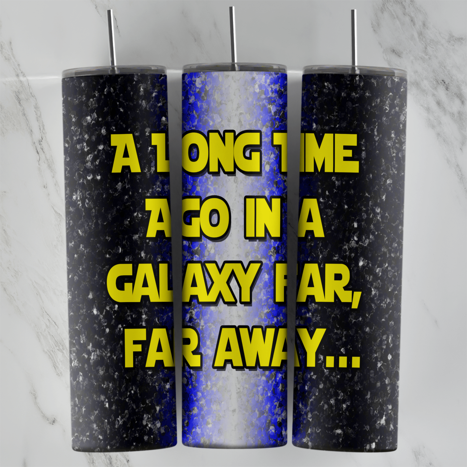 A 20 oz skinny tumbler wrap with yellow A Long Time Ago in a Galaxy Far, Far Away lettering over black and royal blue glitter. Sublimation design