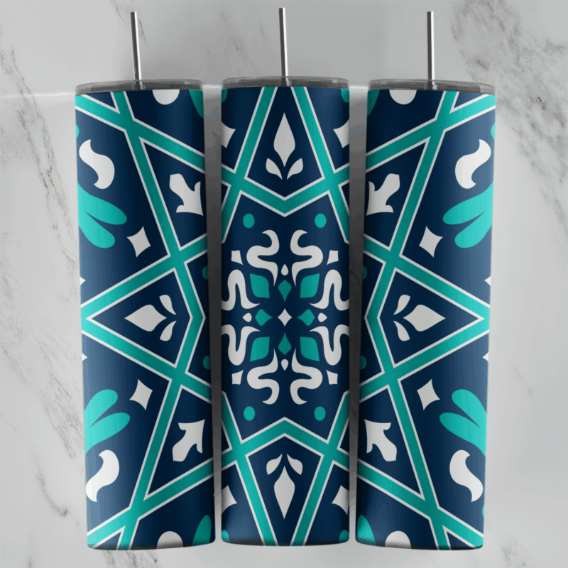 A 20 oz skinny tumbler wrap with a navy and teal geometric arabesque pattern built around large eight pointed star shapes. Sublimation design