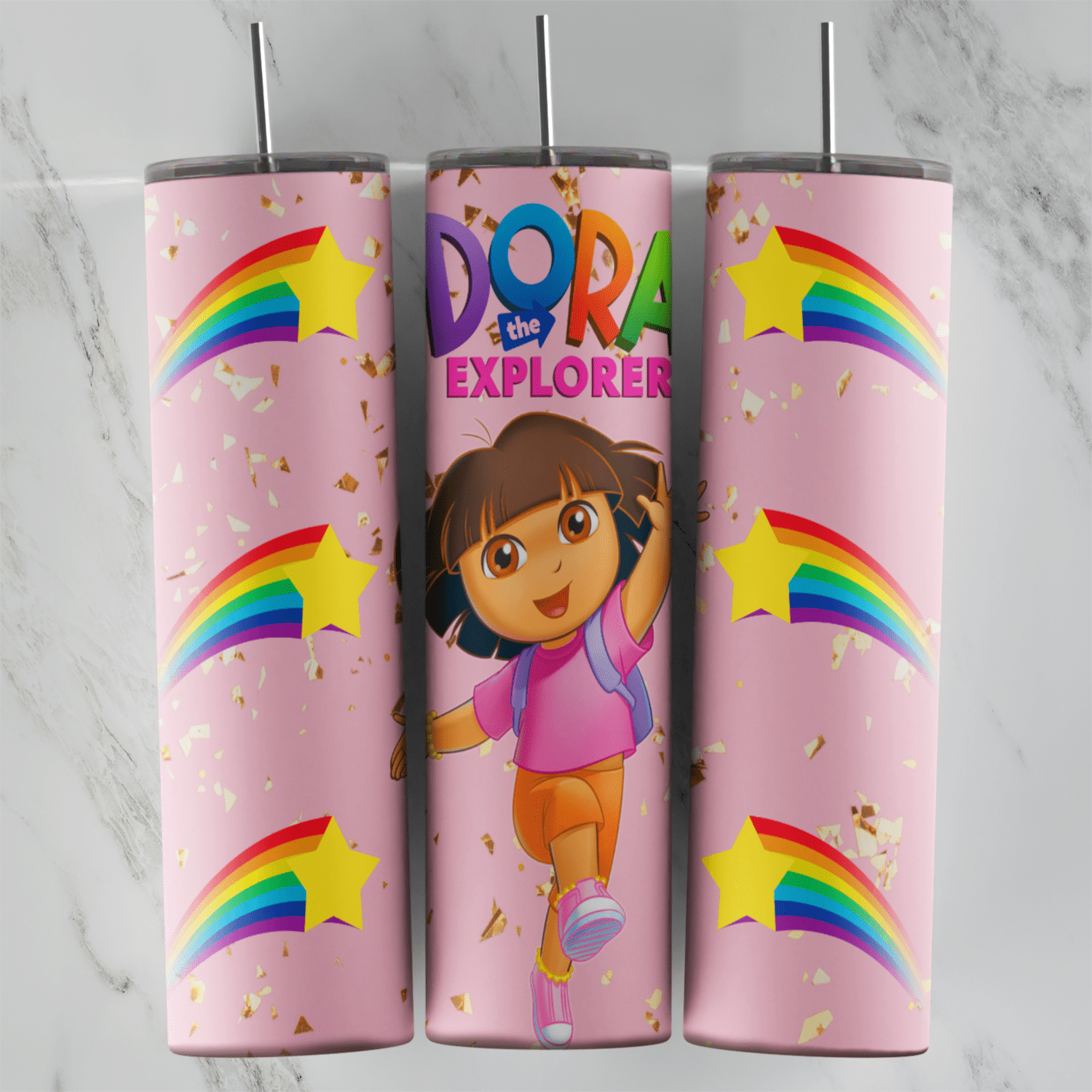 A pink 20 oz tumbler wrap with the Dora the Explorer logo, Dora waving with her backpack and rainbow shooting stars on both sides. Sublimation design