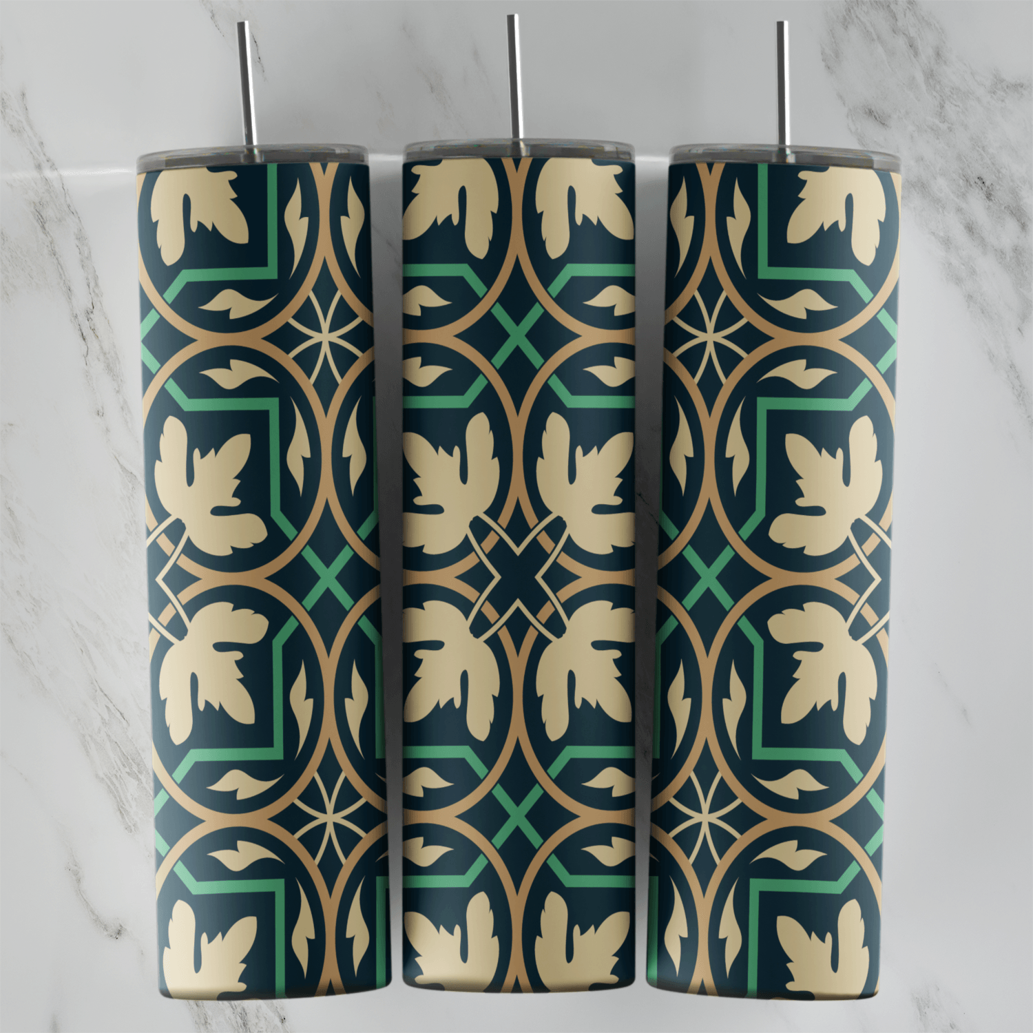 A 20 oz skinny tumbler wrap with a dark green arabesque pattern: beige leaf motifs, gold lattice lines and green diamond shapes. Sublimation design