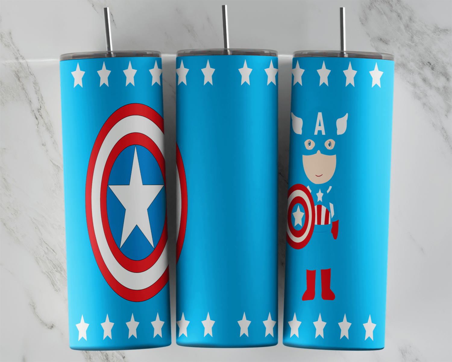 A 20 oz skinny tumbler wrap with a big red, white and blue shield and a little cartoon Captain America on light blue, framed by. Sublimation design