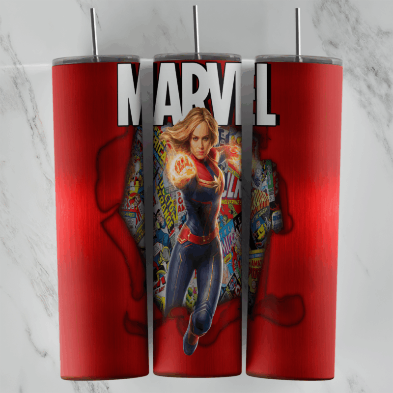 A 20 oz skinny tumbler wrap in glossy red with the big MARVEL logo on top and Captain Marvel with glowing fists breaking out. Sublimation design