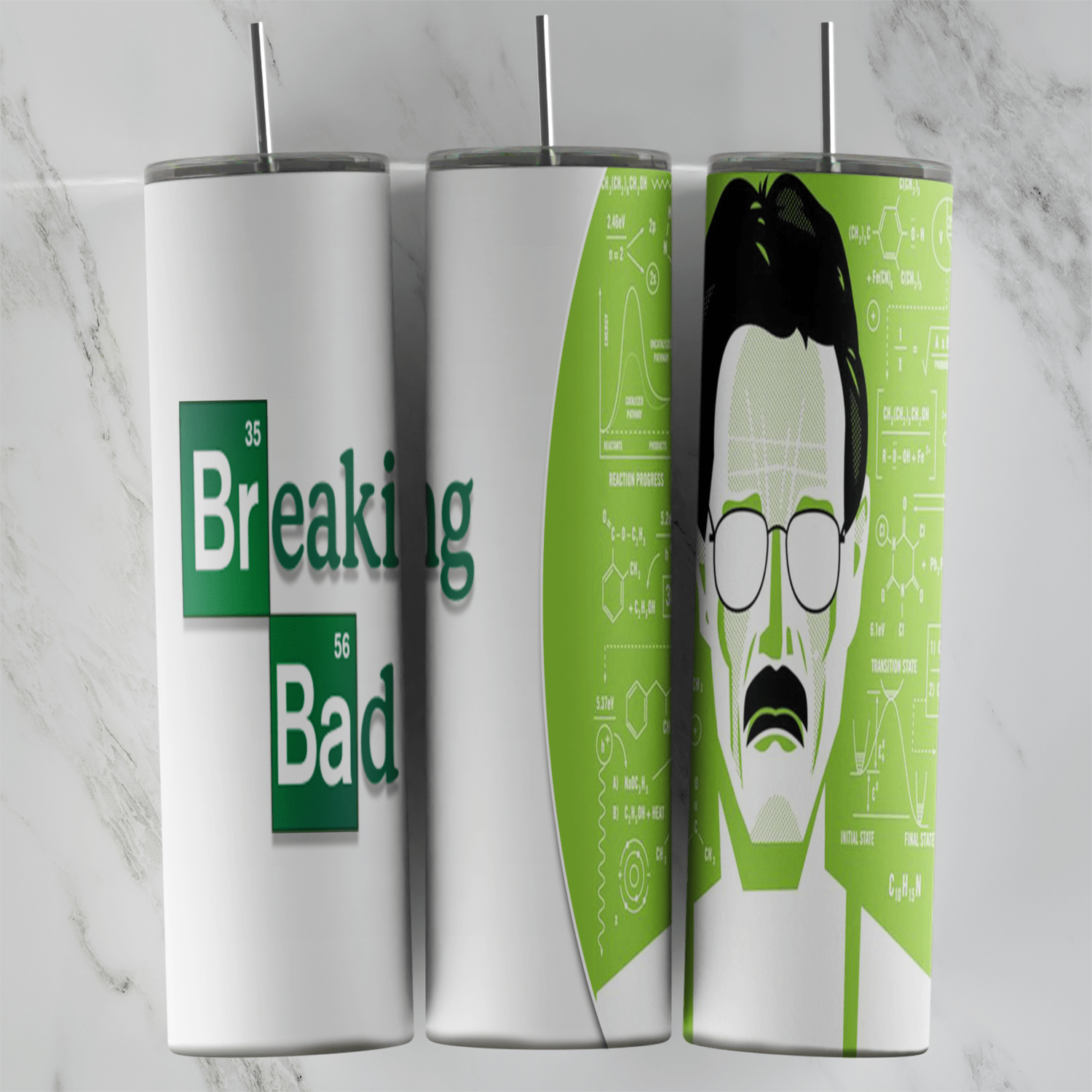 A white 20 oz tumbler wrap with the green Breaking Bad logo and a lime green panel holding a minimal Heisenberg face with glasses. Sublimation design