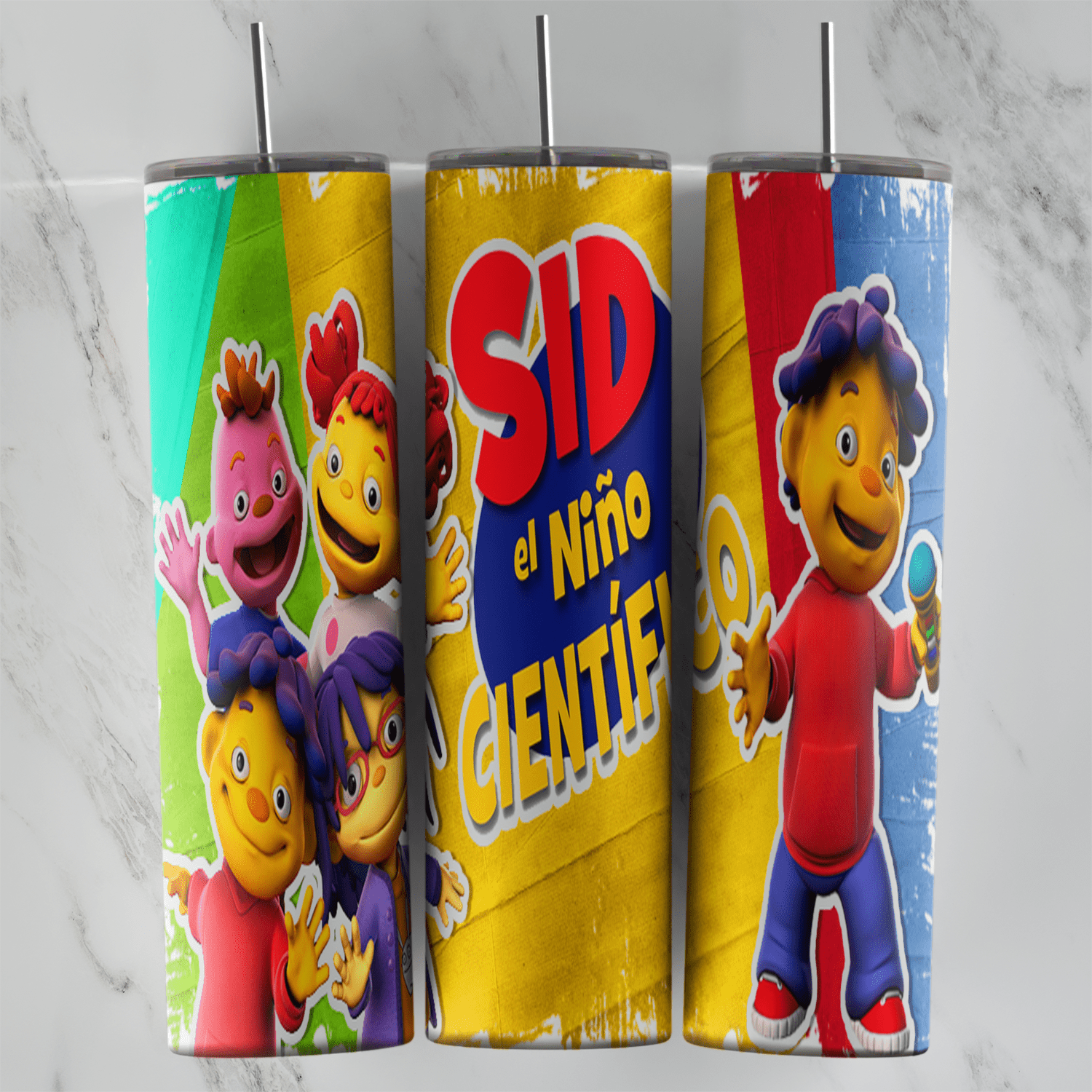 A full 20 oz skinny tumbler wrap with Sid the Science Kid and his friends over bright yellow, green, red and blue panels, and Sid. Sublimation design