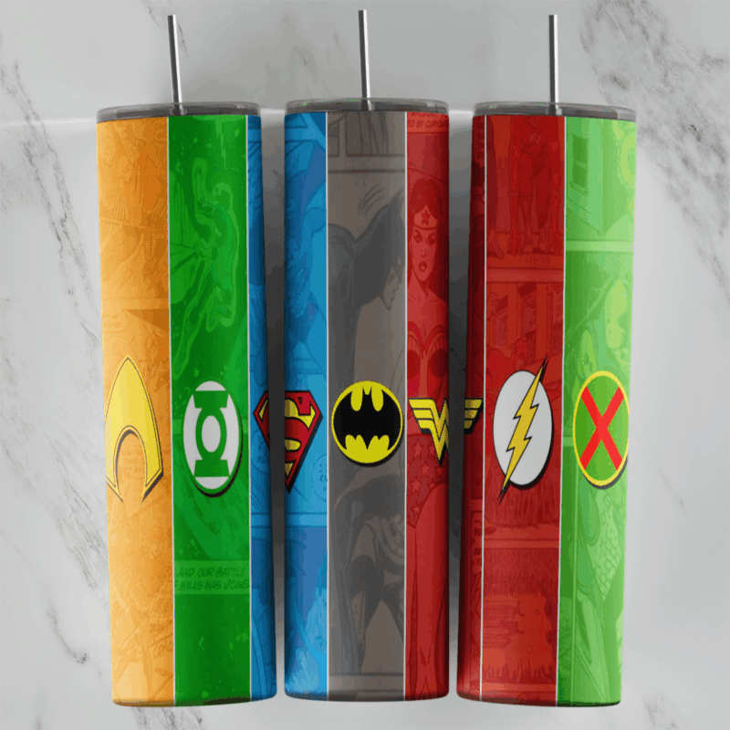 A 20 oz skinny tumbler wrap with superhero emblems on colored panels: Aquaman, Green Lantern, Superman, Batman, Wonder Woman. Sublimation design