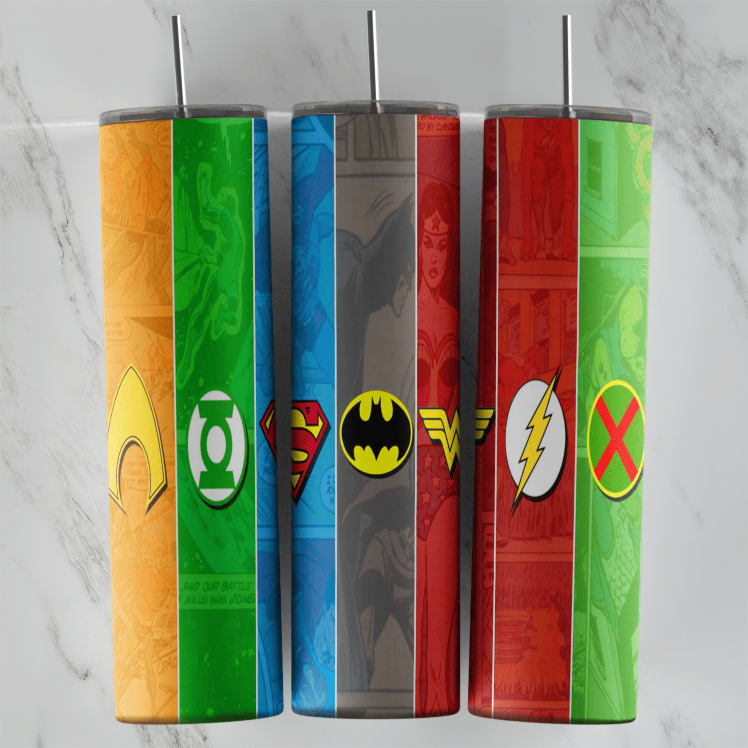 A 20 oz skinny tumbler wrap with superhero emblems on colored panels: Aquaman, Green Lantern, Superman, Batman, Wonder Woman. Sublimation design