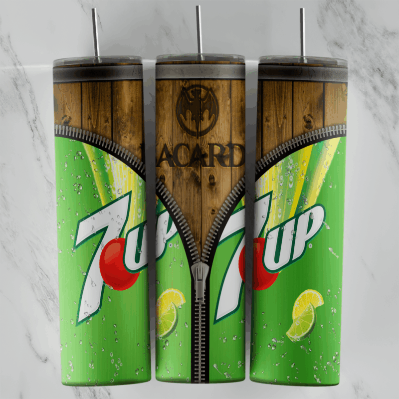 A full 20 oz skinny tumbler wrap styled as a green 7Up can with lime slices, unzipped down the middle to reveal a wooden Bacardi. Sublimation design