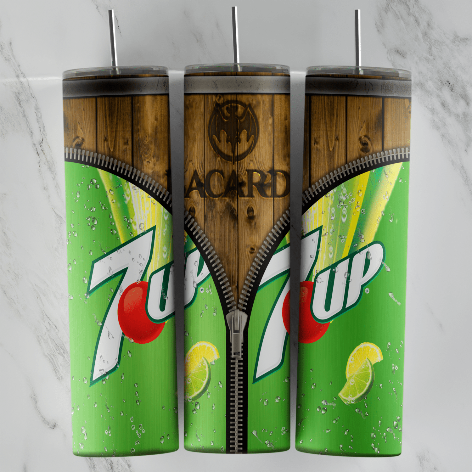 A full 20 oz skinny tumbler wrap styled as a green 7Up can with lime slices, unzipped down the middle to reveal a wooden Bacardi. Sublimation design