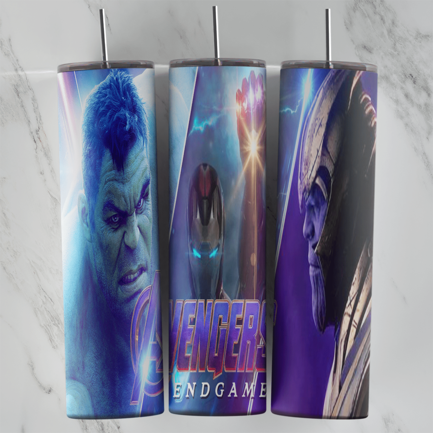 A 20 oz skinny tumbler wrap with Avengers Endgame art: a close up of the Hulk, Iron Man with the Avengers Endgame logo. Sublimation design