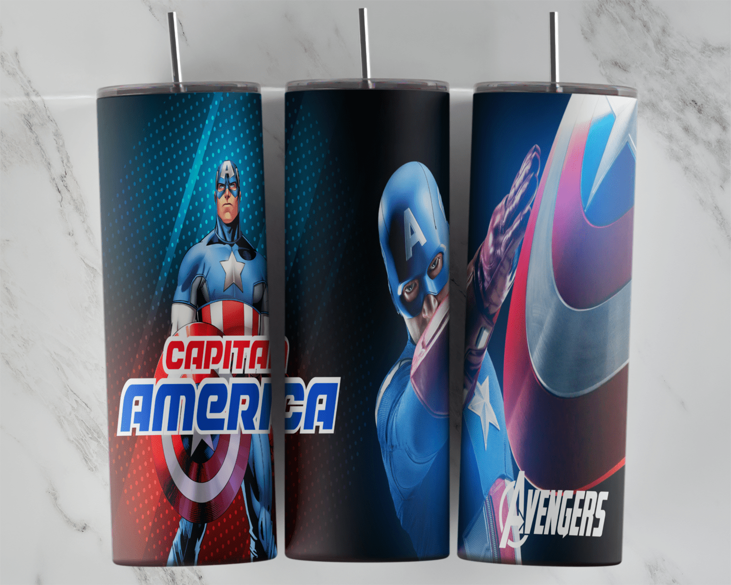 A 20 oz skinny tumbler wrap in blue and red with Captain America drawn twice, Capitan America lettering and the Avengers logo. Sublimation design