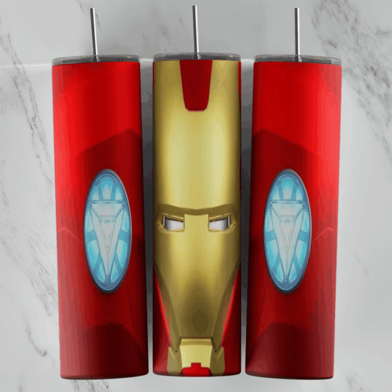 A 20 oz skinny tumbler wrap with the gold Iron Man faceplate in the center and two glowing blue arc reactors on a glossy red. Sublimation design
