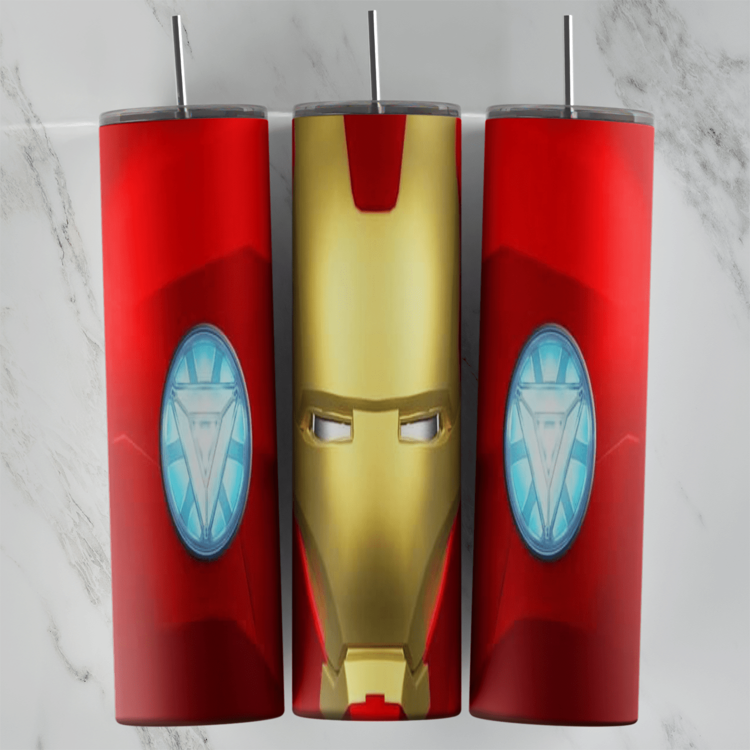 A 20 oz skinny tumbler wrap with the gold Iron Man faceplate in the center and two glowing blue arc reactors on a glossy red. Sublimation design