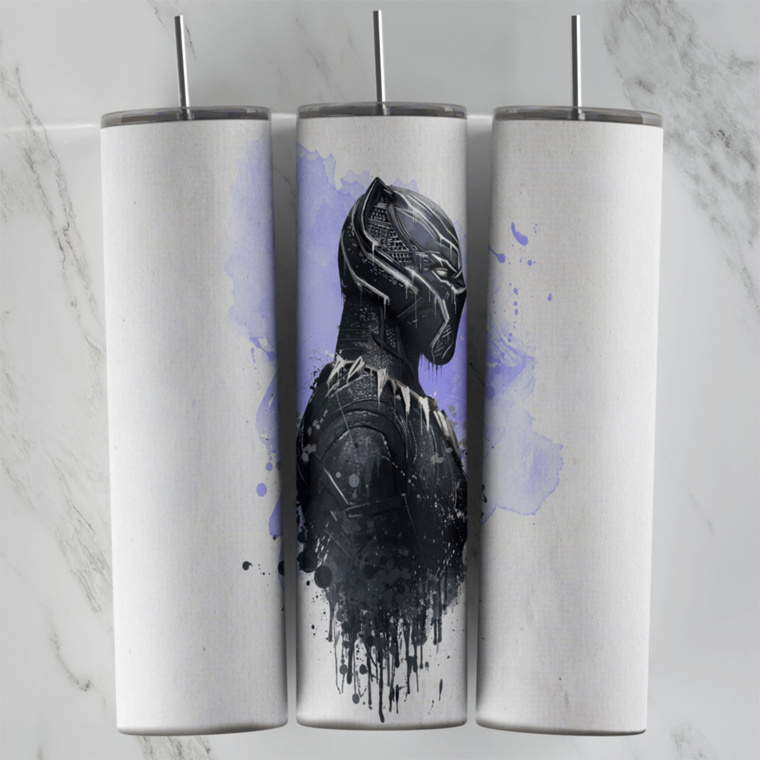 A Black Panther tumbler wrap: the hero in his black suit painted with dripping black ink over a soft lavender watercolor splash. Sublimation design