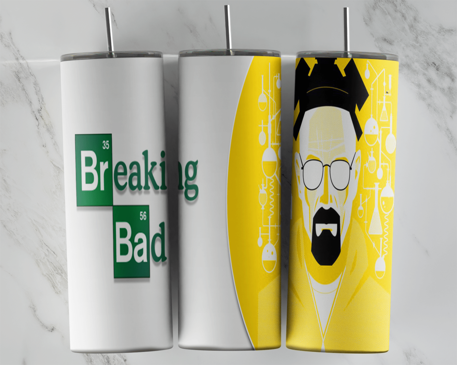 A white 20 oz tumbler wrap with the Breaking Bad logo and a yellow panel showing a minimal Heisenberg face with black hat. Sublimation design