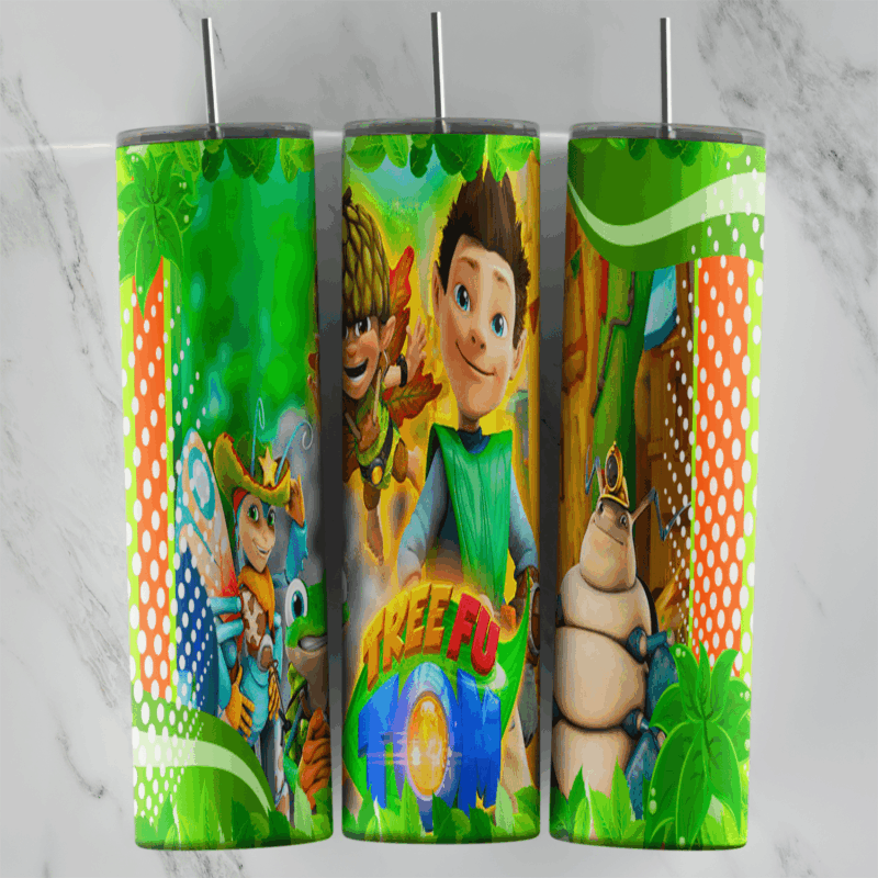 A full 20 oz skinny tumbler wrap in bright greens: a cartoon boy in a leaf green outfit with forest friends, jungle leaves. Sublimation design