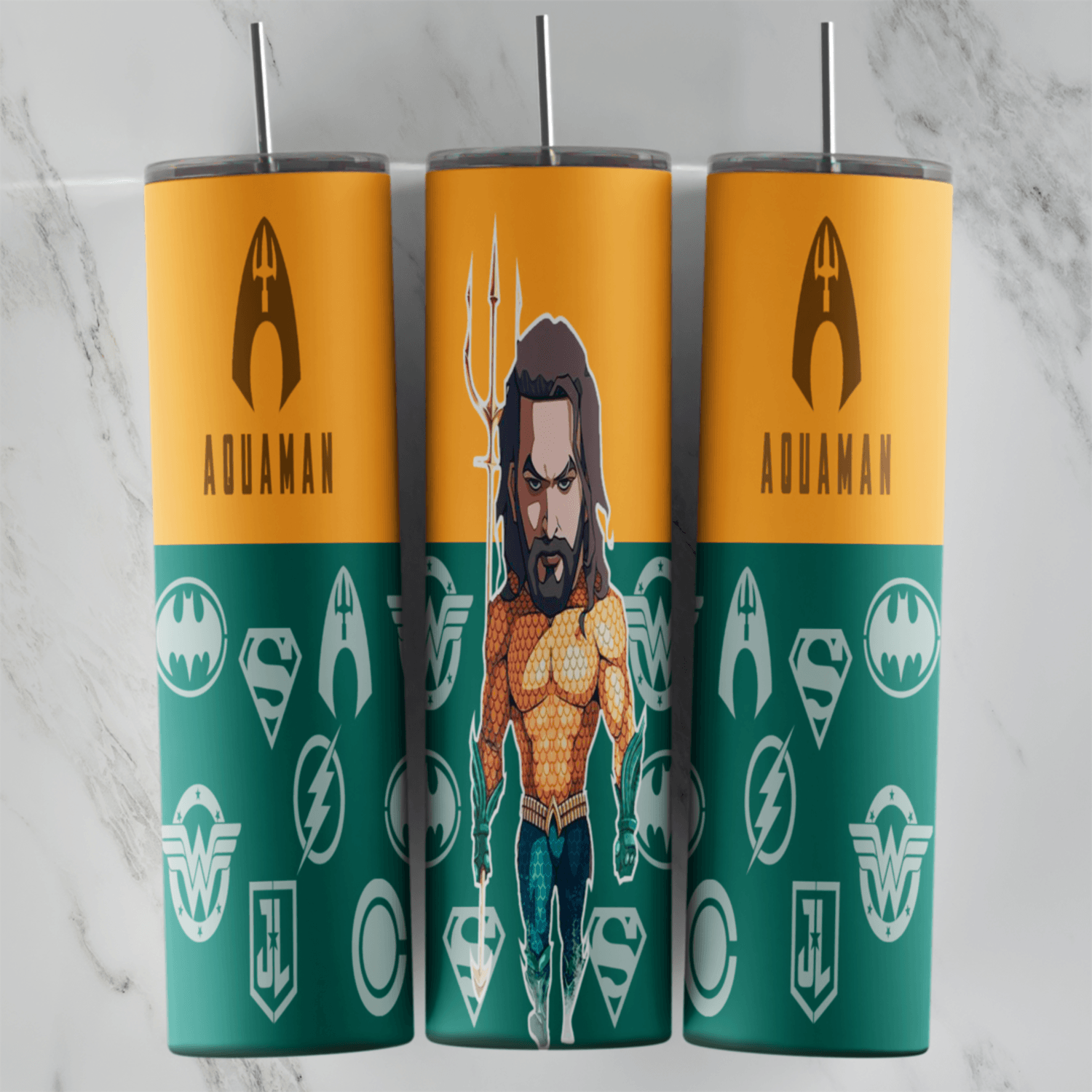 A full 20 oz skinny tumbler wrap with an orange top showing the Aquaman symbol and lettering, a chibi Aquaman and teal panels. Sublimation design