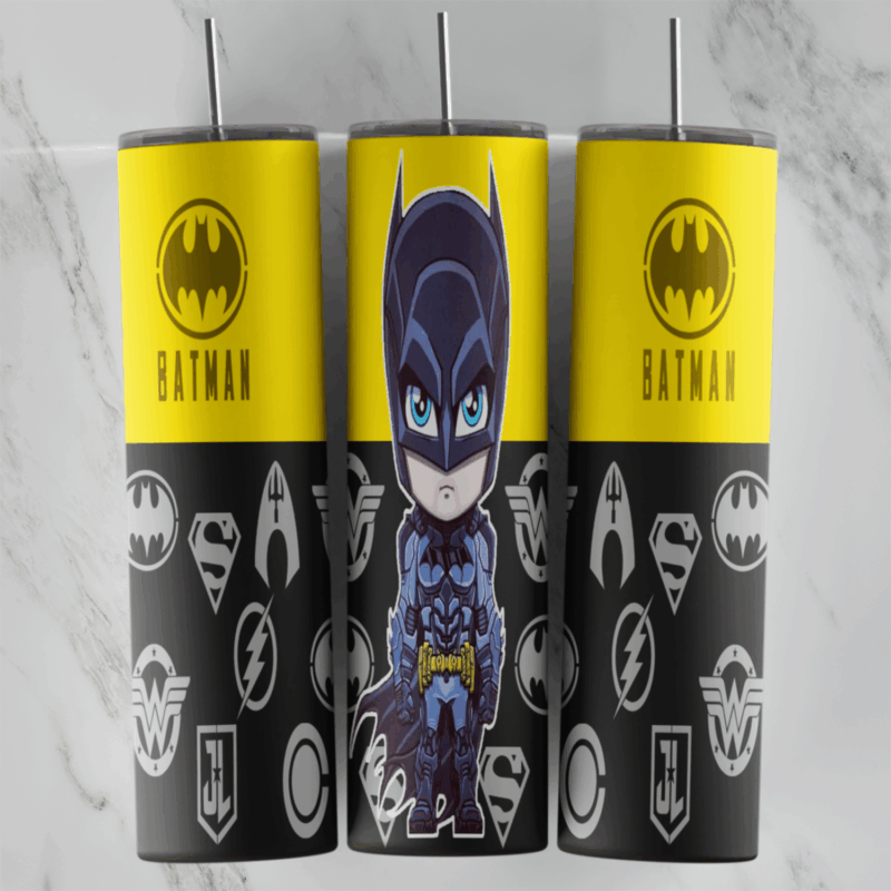 A 20 oz tumbler wrap with a yellow band of Batman logos, a big eyed cartoon Batman in the center and rows of white DC hero. Sublimation design