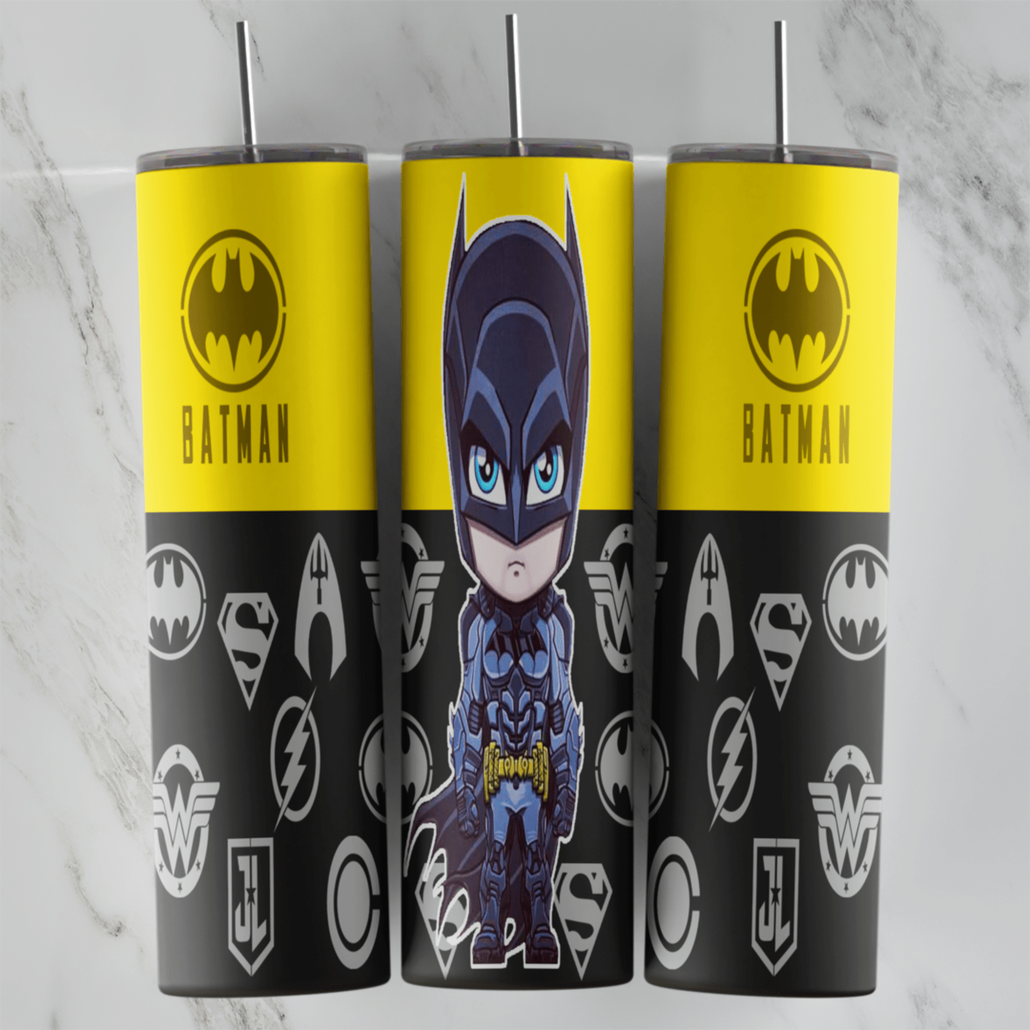 A 20 oz tumbler wrap with a yellow band of Batman logos, a big eyed cartoon Batman in the center and rows of white DC hero. Sublimation design