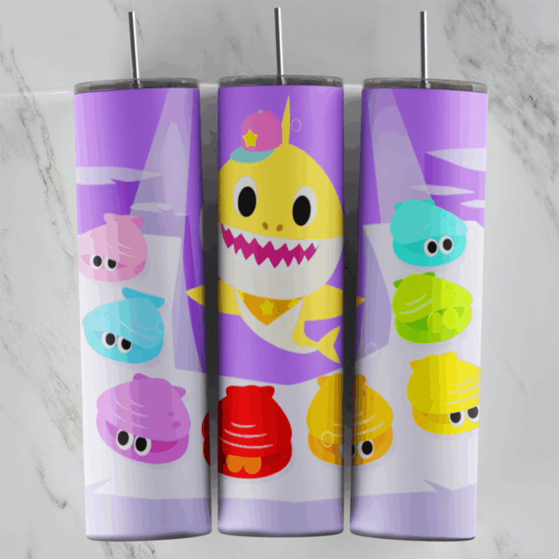 A purple 20 oz tumbler wrap with a smiling yellow shark with a crown and rows of rainbow colored seashell characters with eyes. Sublimation design