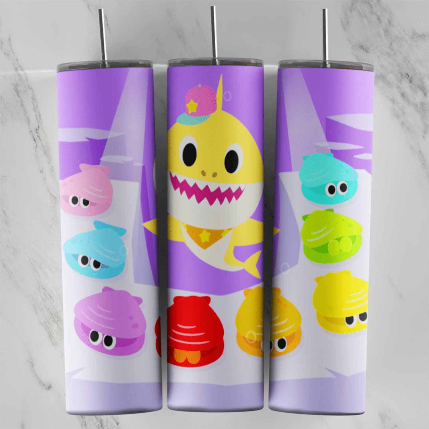 A purple 20 oz tumbler wrap with a smiling yellow shark with a crown and rows of rainbow colored seashell characters with eyes. Sublimation design