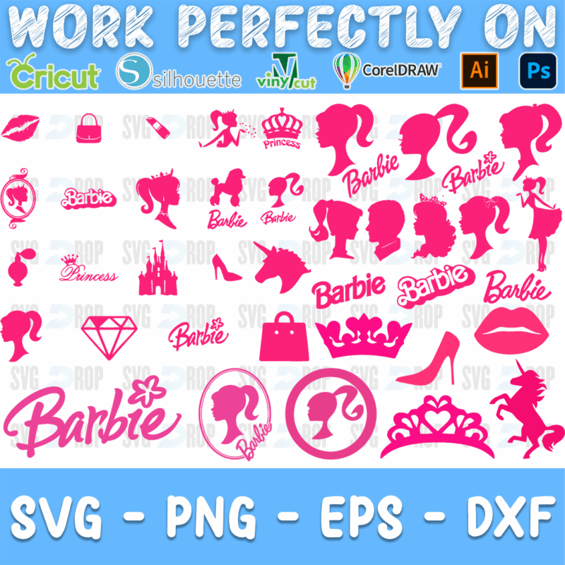 A pink Barbie bundle: ponytail head profiles, Barbie logos, a castle, a unicorn, a crown, a tiara, high heels, lips, a diamond, a handbag. SVG bundle