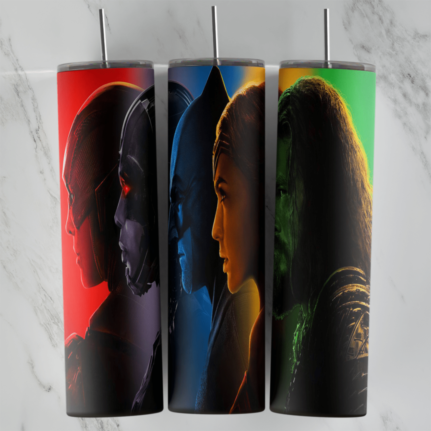 A 20 oz skinny tumbler wrap with side profile portraits of the Flash, Cyborg, Batman, Wonder Woman and Aquaman lit in red, blue. Sublimation design