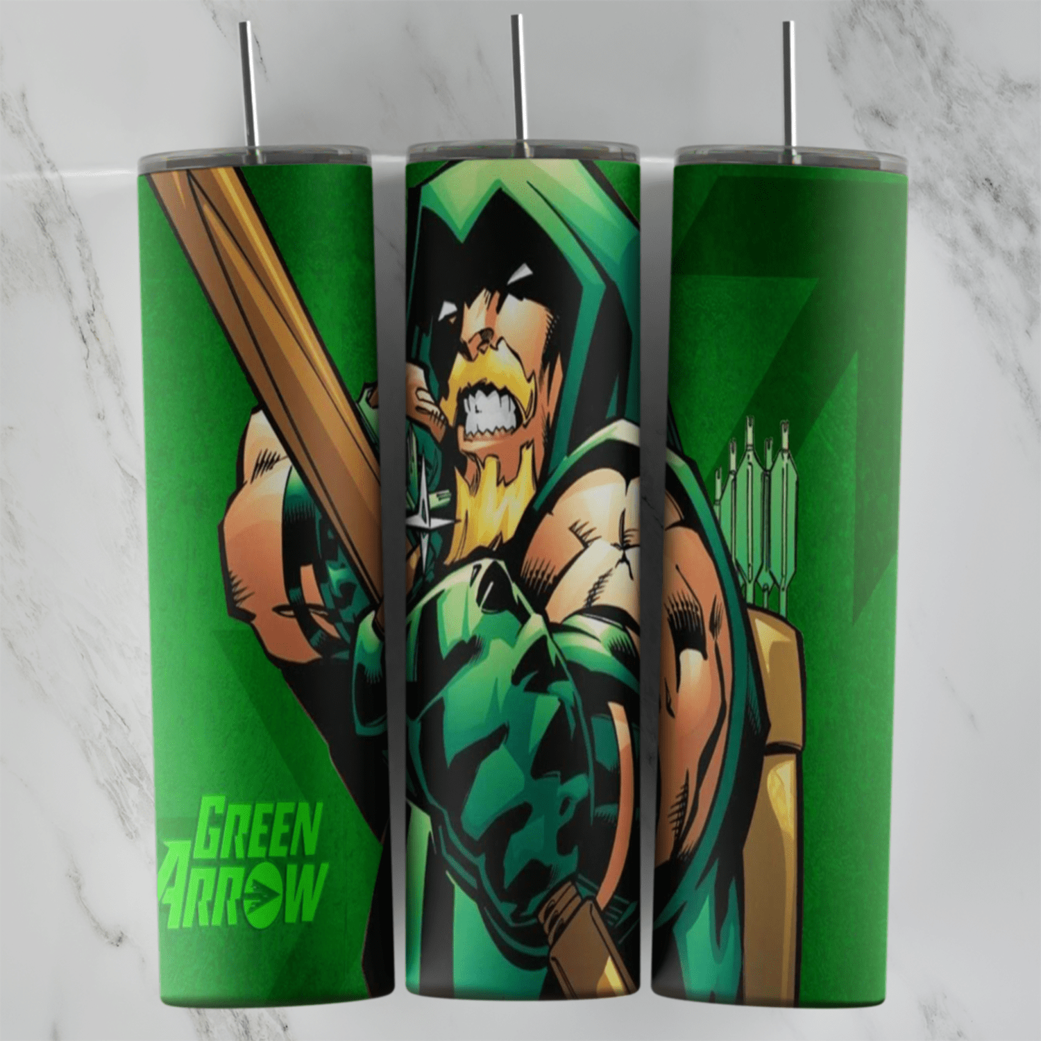 A full 20 oz skinny tumbler wrap with a comic style Green Arrow drawing his bow, green hood and quiver, over a green background. Sublimation design