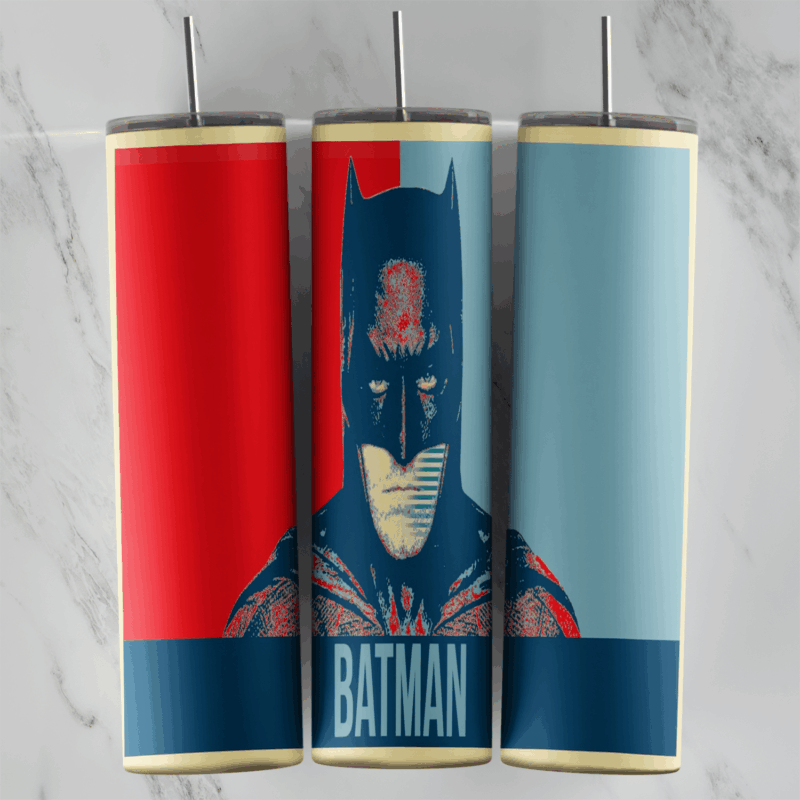 A 20 oz tumbler wrap in a poster style: a Batman portrait in red, blue and cream blocks with BATMAN lettering along the bottom. Sublimation design