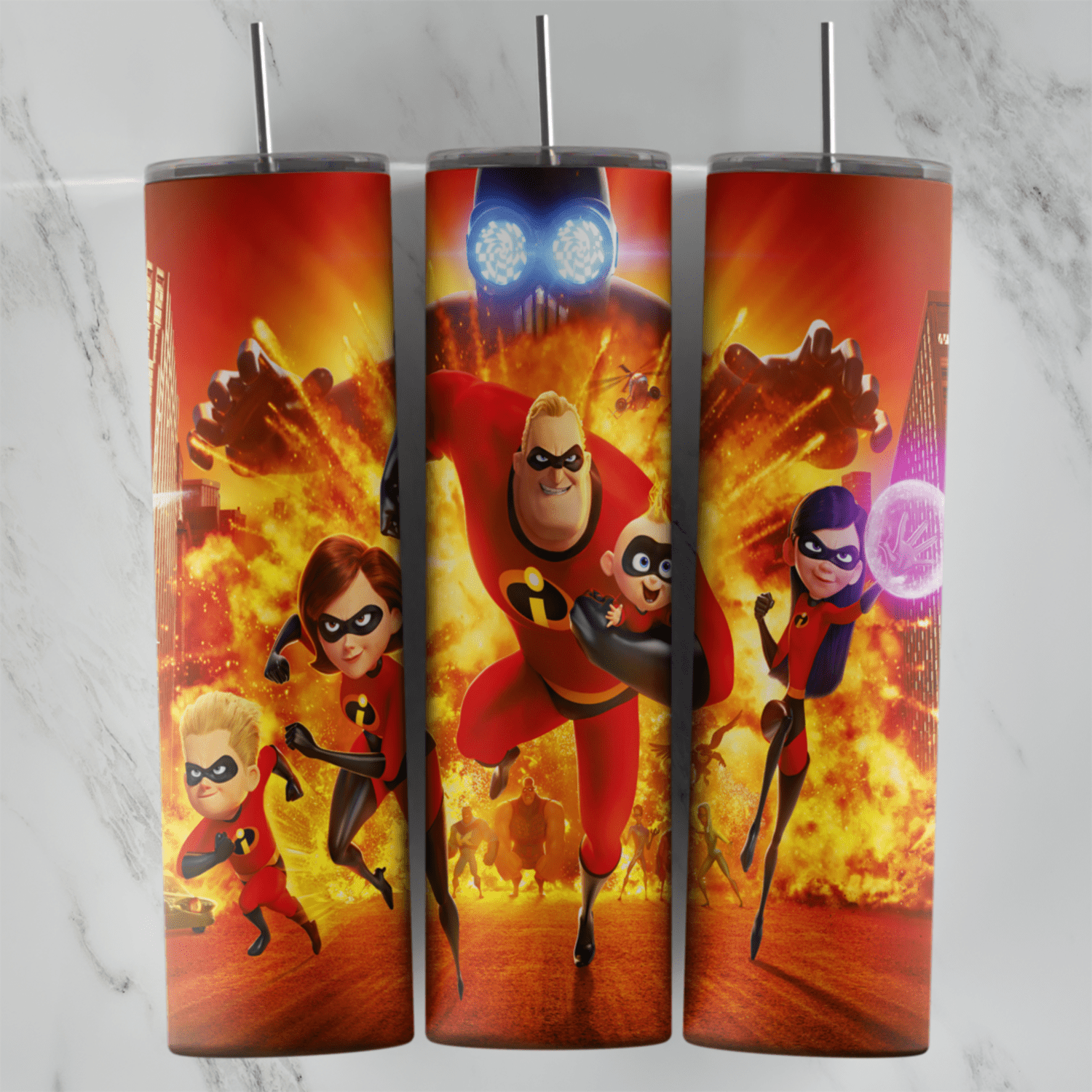 An Incredibles tumbler wrap with the family running in red suits through a fire explosion, with Mr. Incredible in the center. Sublimation design