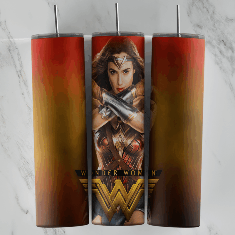 A Wonder Woman tumbler wrap with the heroine posing with crossed arms and bracelets, above the Wonder Woman title and W logo. Sublimation design