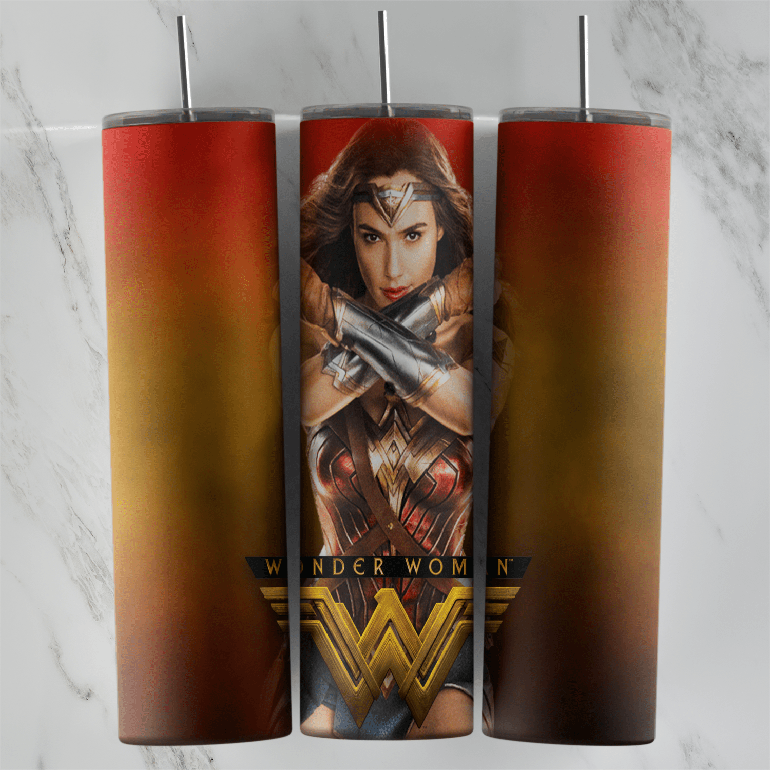 A Wonder Woman tumbler wrap with the heroine posing with crossed arms and bracelets, above the Wonder Woman title and W logo. Sublimation design