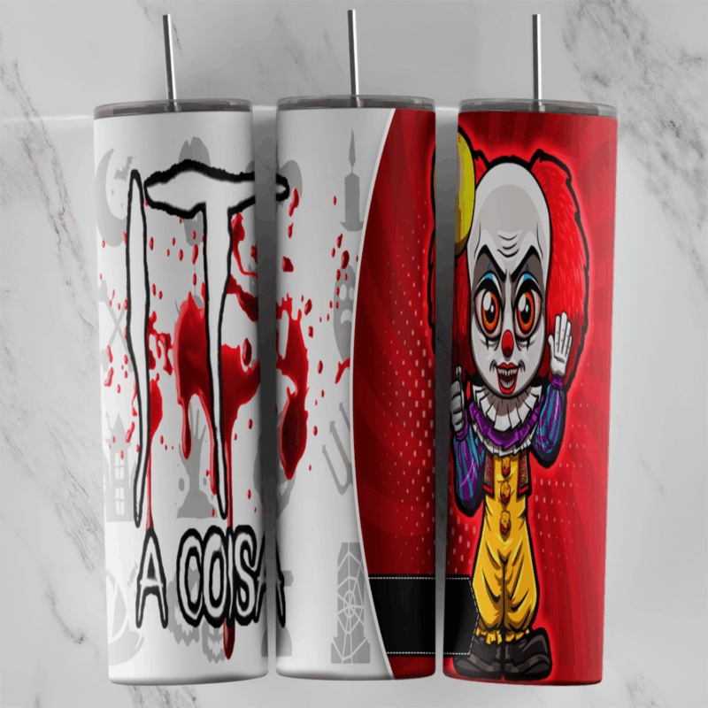 A 20 oz skinny tumbler wrap with a chibi Pennywise the clown waving on a red halftone panel, with It A Coisa lettering and blood. Sublimation design