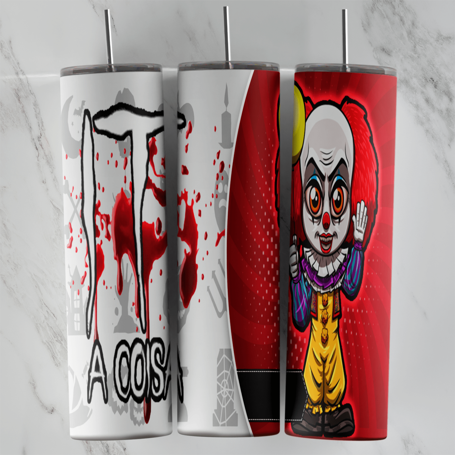 A 20 oz skinny tumbler wrap with a chibi Pennywise the clown waving on a red halftone panel, with It A Coisa lettering and blood. Sublimation design