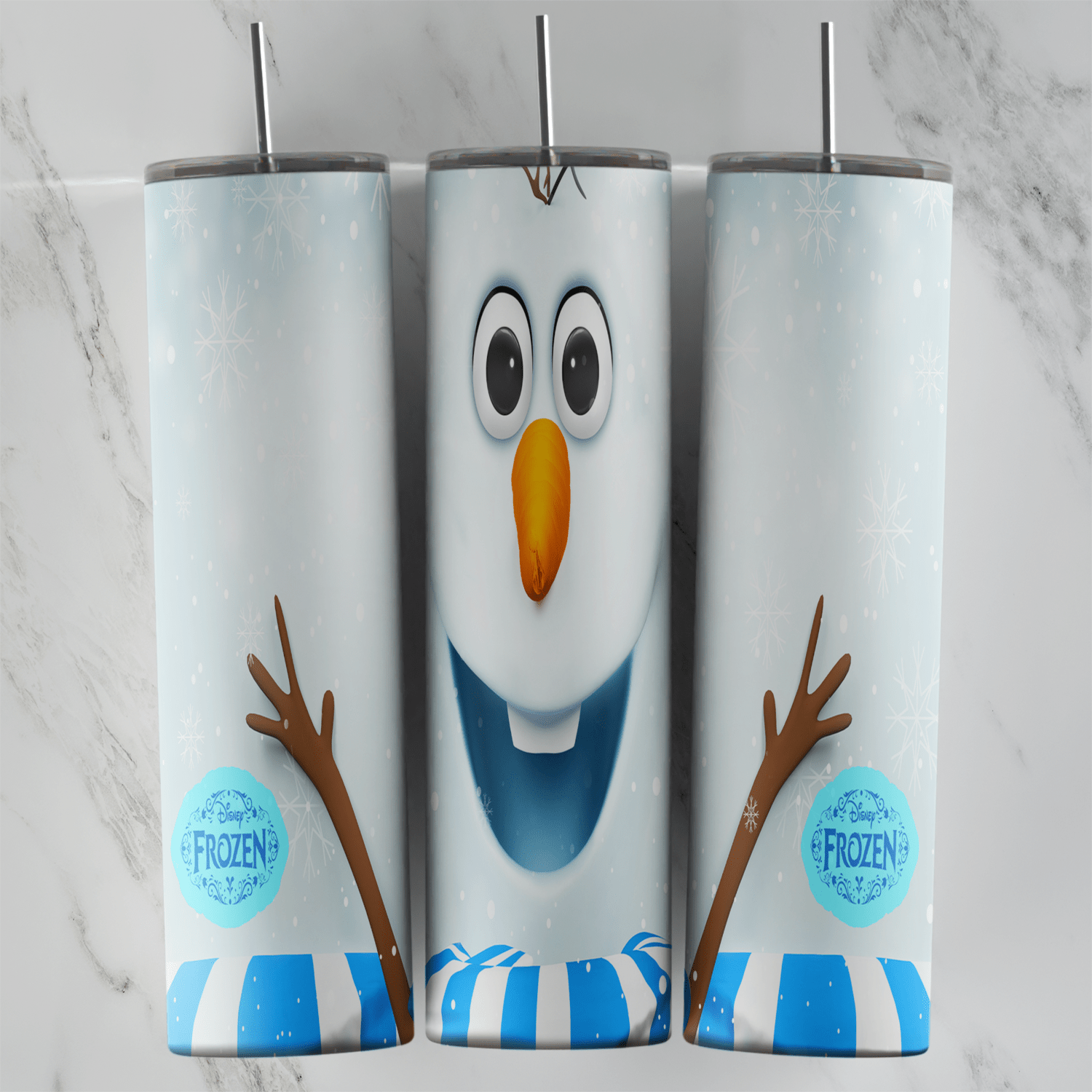 A 20 oz skinny tumbler wrap on white snow with Olaf’s big smiling face and carrot nose, his twig arms raised, two round Frozen. Sublimation design