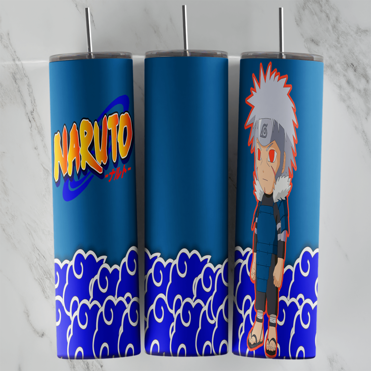 A 20 oz skinny tumbler wrap with a chibi Tobirama Senju in blue armor with a fur collar, the Naruto logo on blue and swirling. Sublimation design