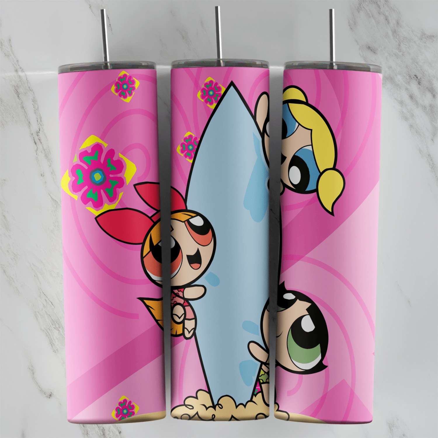 A pink Powerpuff Girls tumbler wrap with Blossom, Bubbles and Buttercup peeking around a blue surfboard, over a pink swirl. Sublimation design