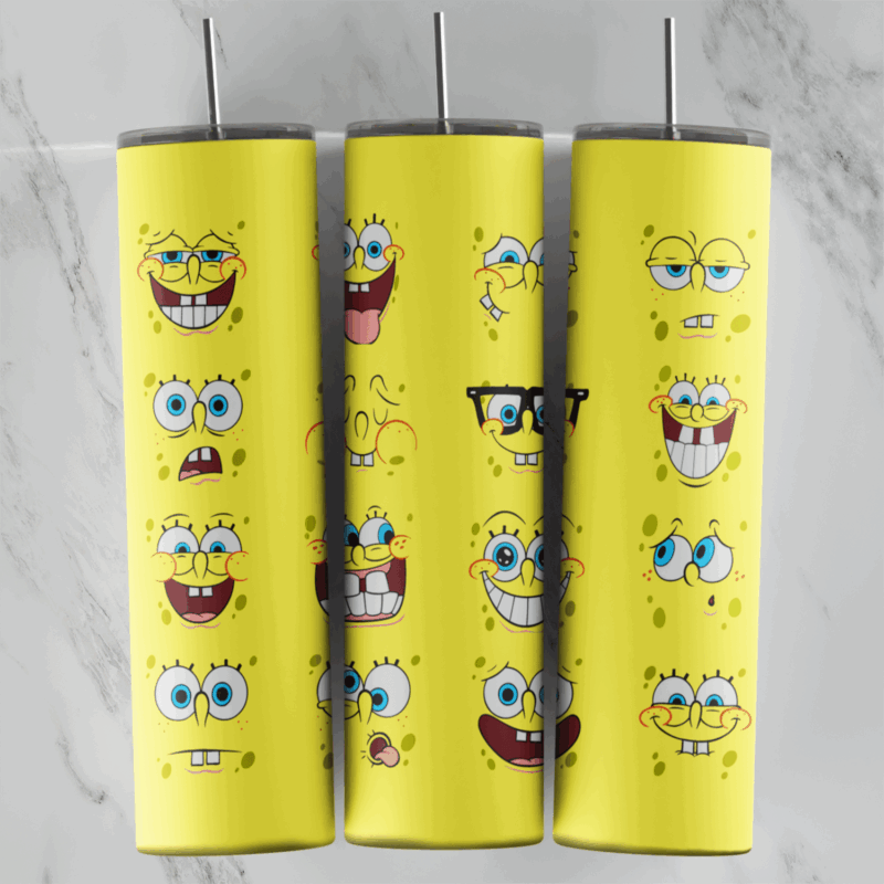 A SpongeBob tumbler wrap: rows of SpongeBob faces with different expressions, laughing, winking, surprised and wearing glasses. Sublimation design