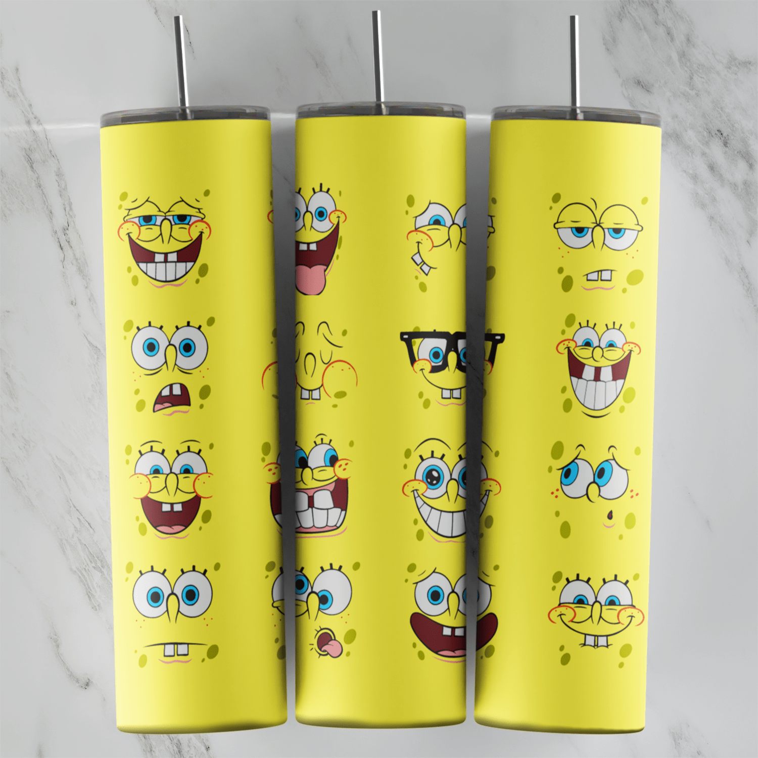 A SpongeBob tumbler wrap: rows of SpongeBob faces with different expressions, laughing, winking, surprised and wearing glasses. Sublimation design