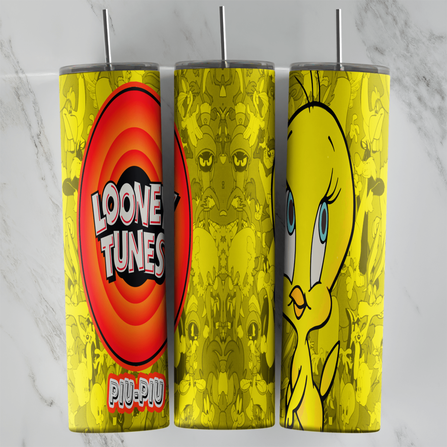 A full 20 oz skinny tumbler wrap in yellow with the red Looney Tunes logo and Piu Piu lettering on one side and a large Tweety. Sublimation design