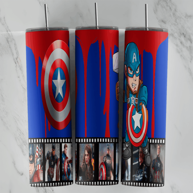 A 20 oz skinny tumbler wrap with red drips over blue, a large shield, a chibi Captain America and a film strip of movie stills. Sublimation design